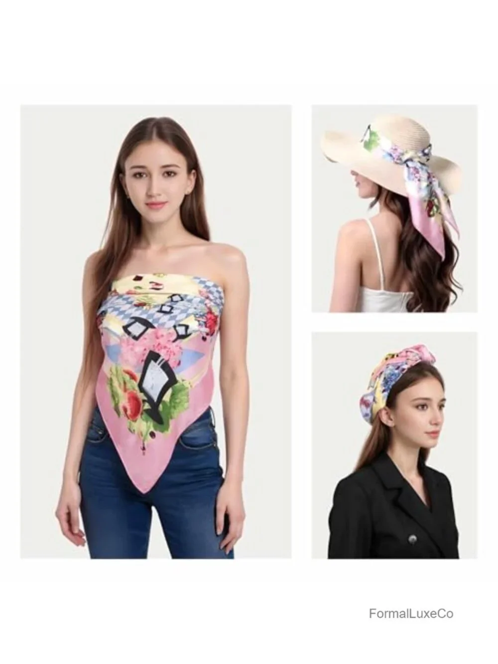 35x35 Square Satin Scarf for Women, Fashion Head Wrap, Artistic Print, Chic